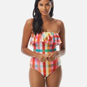 KATE SPADE NY Ruffle Bandeau Underwire One Piece Swimsuit Pink Plaid Size Medium